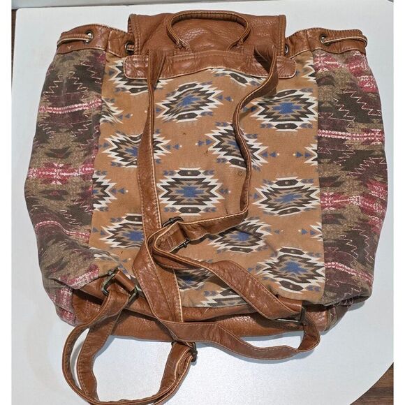 Vintage Wall Flower Womens Brown Faux Leather & Aztec Canvas Backpack W Buckles - Picture 5 of 11